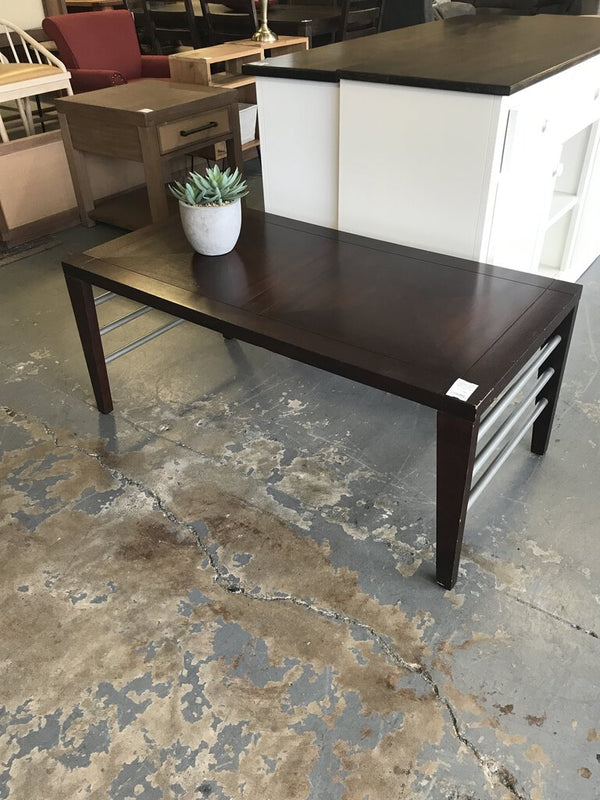 Cherry Stained Coffee Table w/ Metal Rungs on Sides