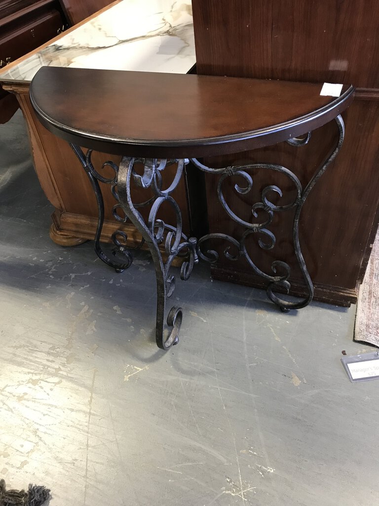 Dark Wood Demi Lune with Metal Legs End Table