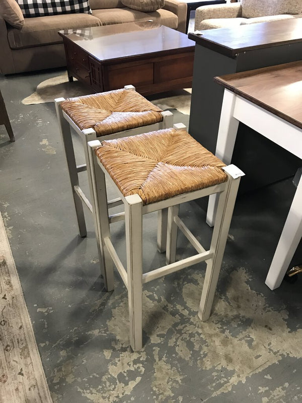 Pair Woven Rope Seat Counter Height Barstools