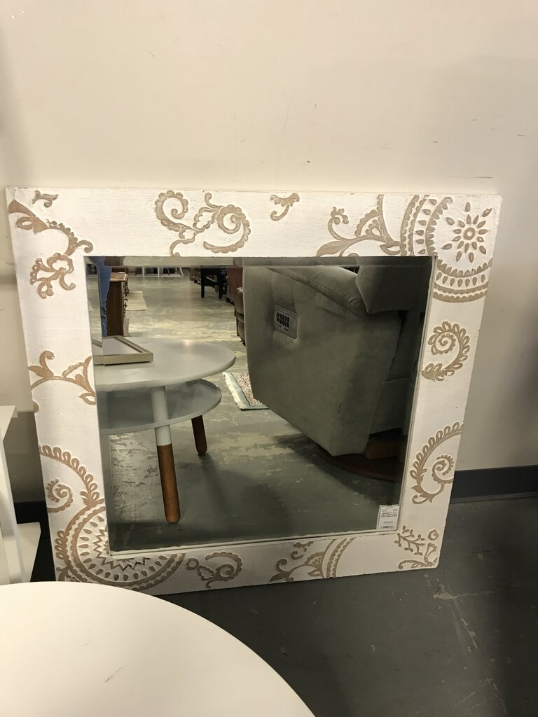 31" x 31" Square Mirror with White Paisley Frame