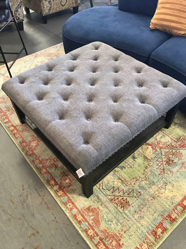 40"x40" Grey Tufted Square Ottoman with Dark Wood Base