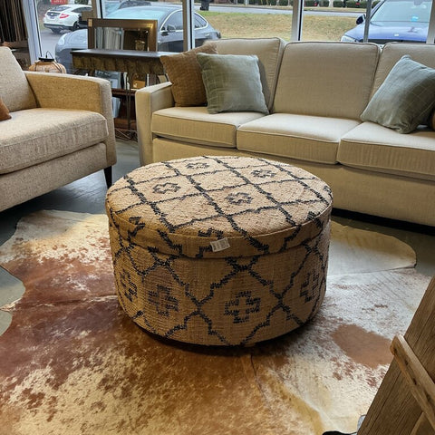Pierro Round Woven Jute Kilim Upholstered Storage Ottoman