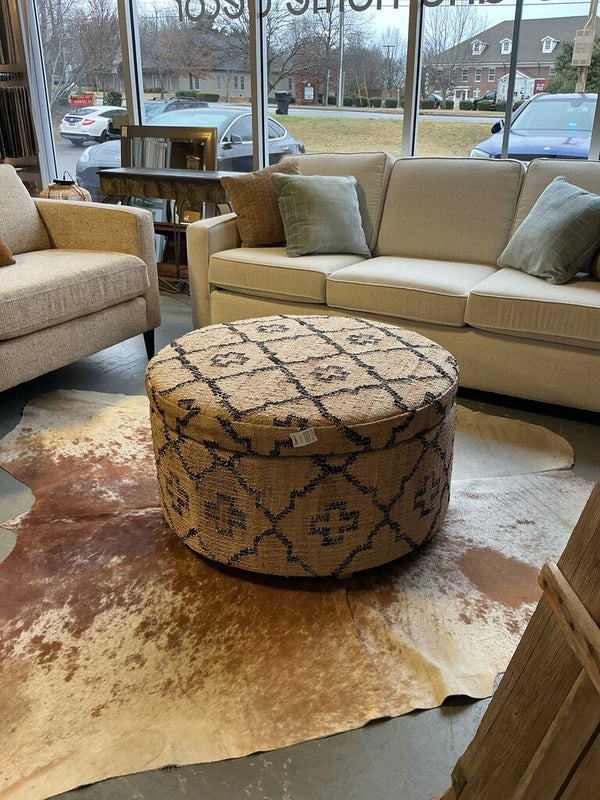 Pierro Round Woven Jute Kilim Upholstered Storage Ottoman