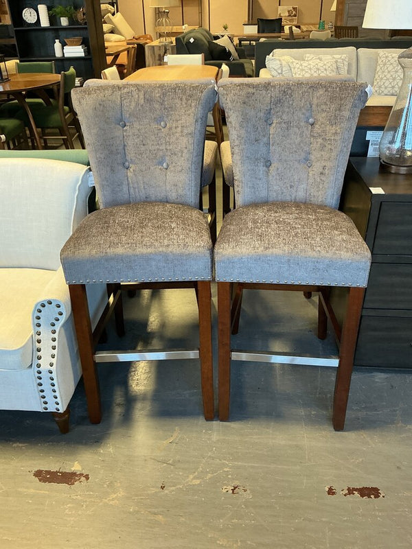 Grey Upholstered Barstool w/ NailHead (Pair)
