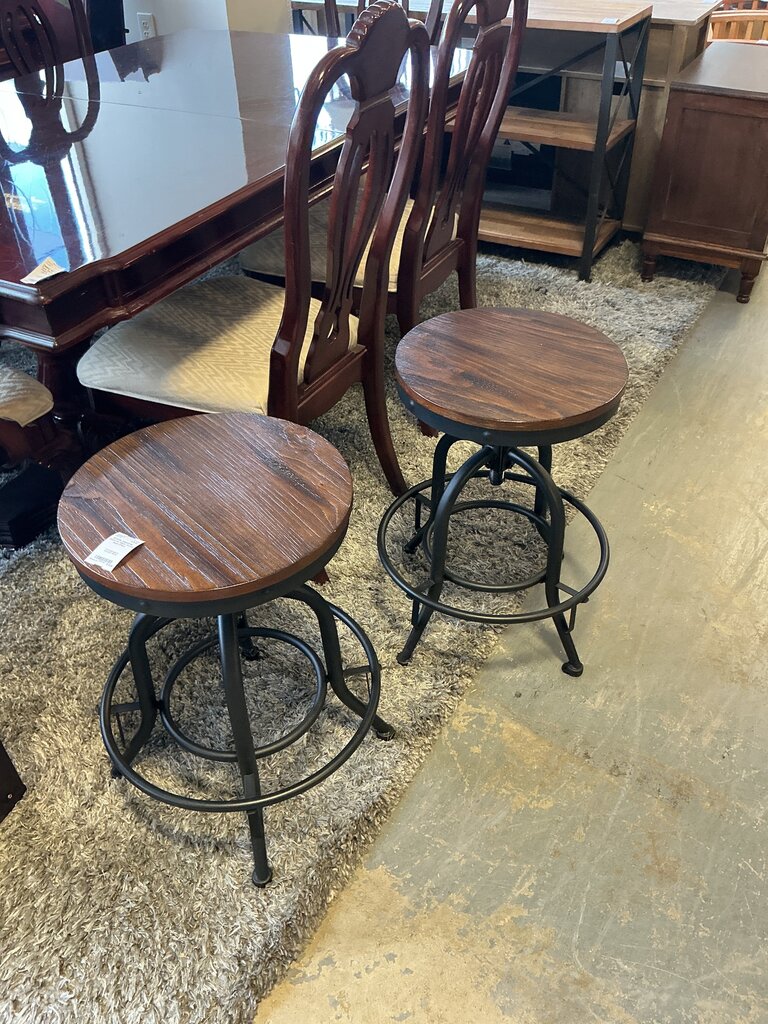 Industrial Stool w/ Dark Wood Seat (Pair)