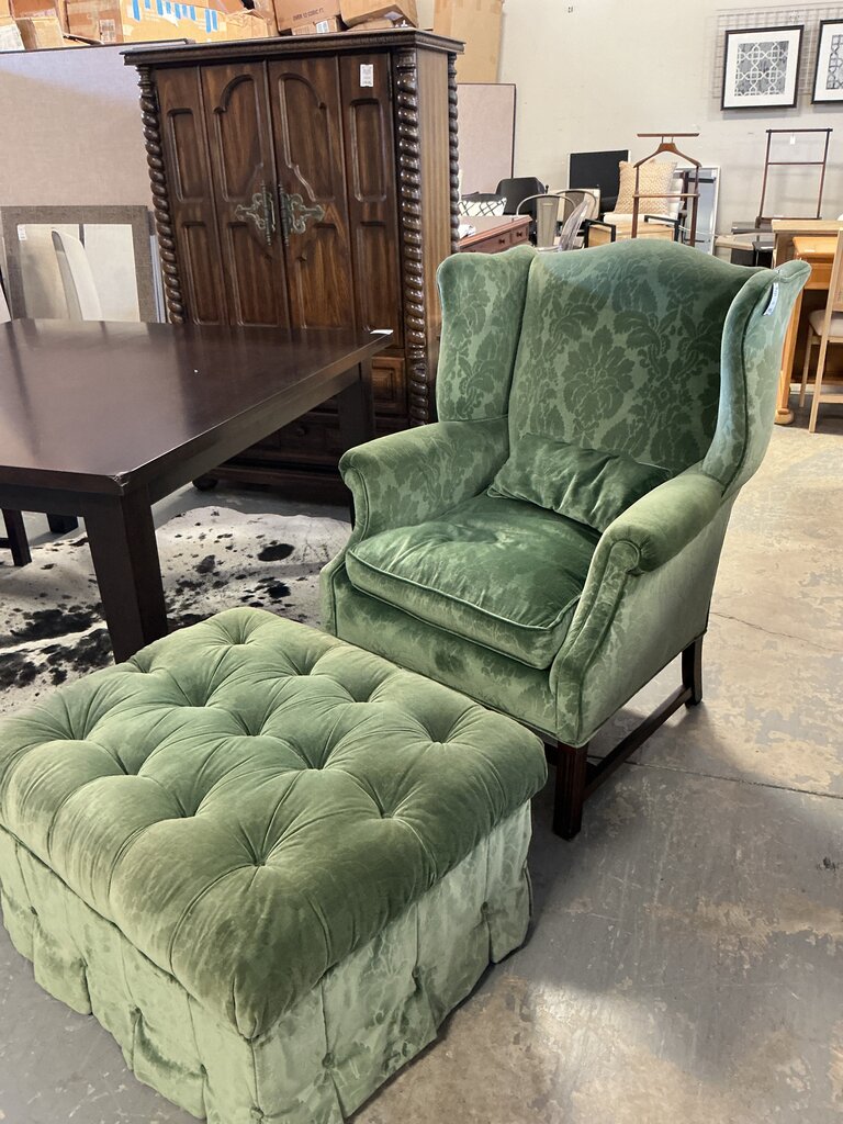 Green Wingback Chair + Ottoman