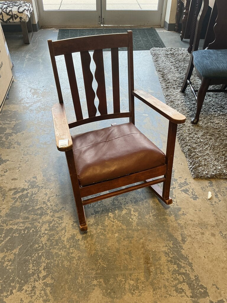 Wooden Rocker with Brown Vinyl Seat (As Is)