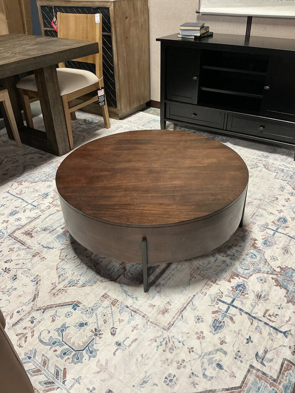 Rayburn SOLID MANGO WOOD 38 inch Wide Round Modern Urban Drum Coffee Table in Walnut Brown